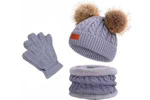 OUTFIT SPRING Bonnet Écharpe Gants Ensemble, Filles Garcons Hiver Chaud Tricoté Chapeau avec Pompon Doux Polaire Doublure Tour de Cou Gants 3 en 1, Enfant 2-8 Ans Épaissir Accessoires Hiver Set