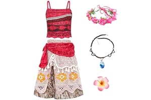 New front Déguisement Fille Moana Robe de Princesse Vaiana Enfants Robe de Costume 3-7 ans Collier Guirlande Cosplay Cadeau de Noël Halloween Carnaval Frange Bretelle，Multicolore，130