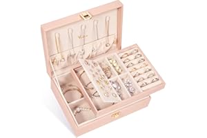 Voova Lusso Porta Gioielli da Camera, Premium Grande 2 Strati Scatola Porta Gioielli per Donna Ragazza, Liscia Pelle PU Porta Gioielli Per Anelli Orecchini Collane Bracciali (Rosa)