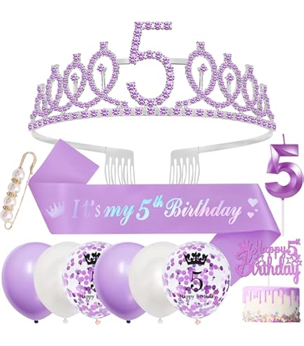 Corona Compleanno Bambina 5 Anni - Fascia Elastica Con Scritta, Multicolore - Foto 2