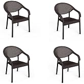 4 Adet Bambu Plastik Rattan Bah&ccedil;e Balkon Teras Sandalyesi Gizli Metal Profil Ayaklı Kollu Sandalye Bah&ccedil;e Koltuk (Kahverengi)