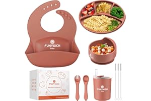 FUNYKICH Baby Geschirrset mit Saugnapf, Silikon Baby Essen Set mit Kinderteller, Lätzchen, Schüssel, Löffel, Gabel, Baby Trinkbecher, Bürste, Mikrowellengeeignet, Spülmaschinenfest, BPA Frei (rot)