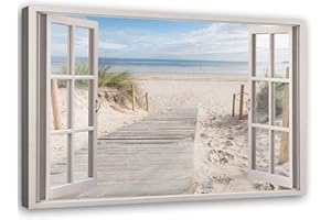 Feeby Cuadro en Lienzo 3D Ventana Playa XXL 120x80 cm 1 Pieza Modernos Impresión Artística Calidad fotografica Imagen Decoración De Pared Salon Dormitorio Oficina Pasillo Beige