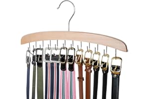 ManGotree Belt Hanger for Closet, Wooden Belt Holder with 12 Swivel Hooks, Space Saving Belt Rack, Wood Belt Storage Organizer for Belts, Ties, Scarves, Hats, Accessories, 2 Pack (Natural)