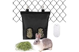 YOLAGGOY Guinea Pig Hay Feeder, 2 Holes Hanging Rabbit Hay Feeder Bag for Small Animals with 1 Grind Teeth Stone, Black