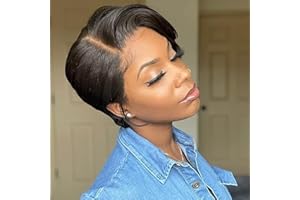 PORSMEER Perruques Femme Naturelle Synthétique Cheveux Noire Courte Bob Wig Lace Frontal avec Frange 6 Pouces 150% Densité