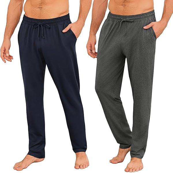 Winovia 2-pack pyjamabroek voor heren, lange lichte pyjamabroek van katoen, loungewear broek, slaapbroek, vrijetijdsbroek met elastische tailleband en rechte snit, zwart donkerblauw., M