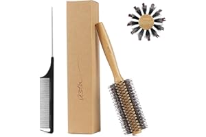 Brosse Brushing Professionnel Bamboo Sanglier et Peigne a Queue Carbone pour le Séchage des Cheveux, Coiffage - Diamètre 50mm Brosse Ronde