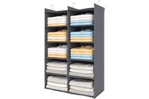 ALLTIDYUP Organizer Armadio da Appendere-Ripiano Pieghevole a Doppia Fila con 5 Scomparti,10 Tasche e 3 Ganci,Salvaspazio per Vestiti,Ideale per Dormitori e Camera da Letto (Grigio, 5 Ripiani)