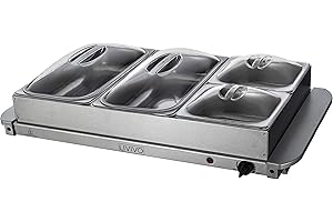 ZEMBUKIL Fineway Electric Buffet Server 4 Tray Hotplate Food Warmer - 4 Removable Sections & Adjustable Temperature Thermostat Control - with Warming Plate Function - Ideal for Kitchen Hot Buffets Barbecues