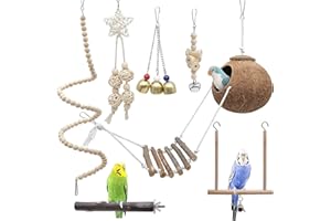 EUNEWR Uccello giocattolo per pappagallo, giocattolo per uccelli, in legno, giocattolo per pappagallo, amaca per pappagalli, conure, aras, finken, 7 pezzi