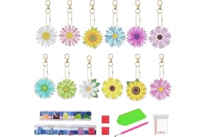 BomnKa Sparkling Daisy Diamond Painting Keychain Kit - 12 Pcs Double-Sided 5D DIY Full Drill Rhinestone Keyring Set for Women and Girls, Flower Art Key Decor Craft Supplies