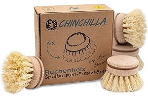 Chinchilla® Set de 4 têtes interchangeables en bois pour brosse à vaisselle | Tête de rechange avec poils naturels en fibre (vegan) | Têtes de brosse à vaisselle universelles | durable & Zero Waste