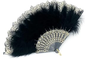 AQSQWQ Damen Fächer Feder, Federfächer, Feather Fan, Vintage Style Folding Handheld Feather Fan, Flapper-Handfächer für Kostüme, Halloween, Tanzen, Hochzeit, Party, Abschlussball, Teeparty – Schwarz