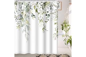 MIRRORANG Sage Green Eucalyptus Shower Curtain, Watercolor Leaf Plant with Floral Bathroom Curtains Hooks, Waterproof Mildew and Mould Resistant Polyester Washable Curtain (180 x 180 cm)