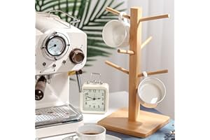 EEAASSTY Árbol de madera de bambú con 6 ganchos de madera para taza de té, organizador de tazas de café, accesorios para tazas, estante para mostrador de cocina y cubiertos, almacenamiento y secado