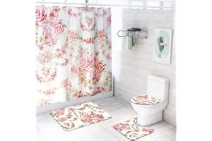 Enhome Juego de 4 Piezas de Alfombra de baño Antideslizante + Tapa de Inodoro + Alfombrilla de baño + Cortina de Ducha, Estampado Floral (Rosa Rosada)