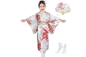 KRUIHAN Kimono Japonais pour Filles,Robe Yukata Japonaise,Robe Kimono Satin pour les Enfants,Robe de Soirée de Jeu de Rôle Anime pour les Filles avec Eventail Pliant et Chaussettes Tabi