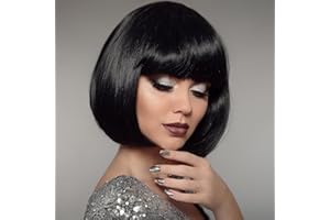 BUYOGET Washed Black Bob Wig with Fringe 12 Inch Short Straight Costume Wigs for Women Cosplay Party Halloween