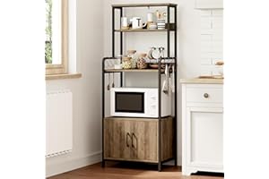 HOCSOK Estantería de Cocina, Muebles de Cocina, Soporte Microondas con 2 Puertas, 4 Estantes y 8 Ganchos, Armario Auxiliar para Cubiertos y Especias, Madera, 59.7x40x149cm, Antiguo