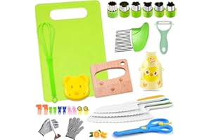 Liangding Cuchillo para Nños,28 Piezas Juego de Cuchillos de Cocina para Niños con Tabla de Cortar, Cuchillo de Madera, para Cocinar y Cortar Frutas o Verduras, Juguete Montessori de Regalo