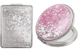 WACH AUF 2 PCS Petit Miroir de Poche, Miroir Compact avec Grossissement x1/x2, Mini Miroirs Maquillage, Miroir de Sacs à Main, Parfait pour Maquillage Voyage(Carré, Rond)