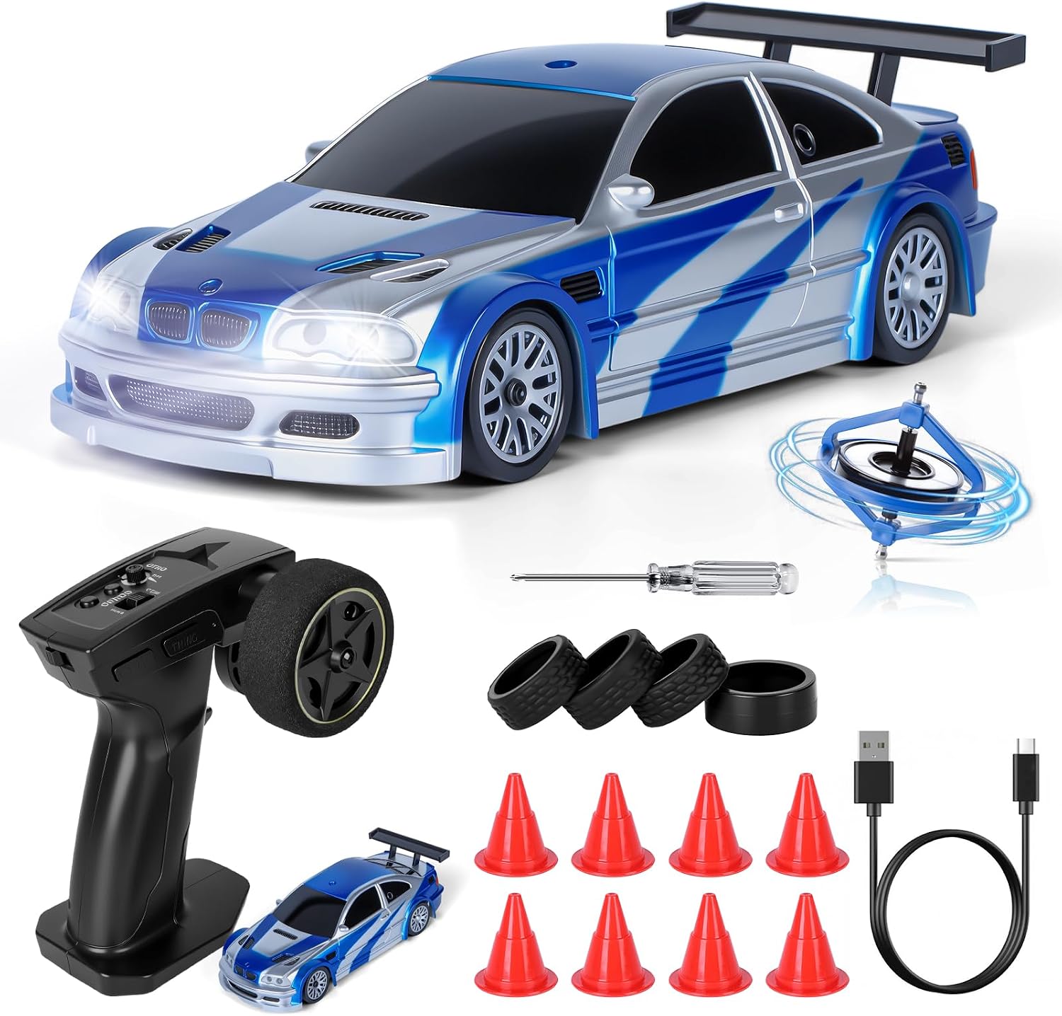 JONRRYIN Coche Teledirigido Drift Pro, 1:43 Mini Drift RC Car, 4WD Car Radiocontrol con Giroscopios y Luces LED, 15km/h, Coche Teledirigido de Juguete para Niños de 14+ Años (Azul Pro-Gyro)