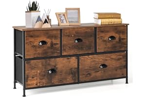 CASART Chest of Drawers, Wooden Dresser Chests with Metal Handles, 5/6 Folding Drawers Sideboard Cabinet for Bedroom Living Room Hallway (Rustic Brown, 5 Drawers-100 x 30 x 53cm)