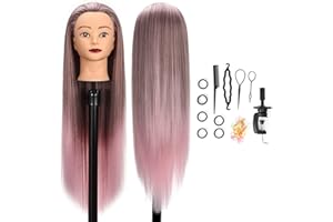 GUANJUNE Schaufensterpuppe Kopf, Friseur Trainingskopf Friseur,26-28 Zoll 100% Kunstfaser Kosmetik Puppenkopf mit Klemmhalter + Haaraccessoires Set,Geschenke für Mädchen (Farbverlauf Pink)