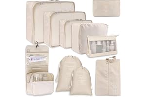 Snarflun Organisateur de Valise, Lot de 10 Organiseurs de Bagage pour Voyage, Packing Cubes, Voyage Imperméable Set, Rangement Valise, Sacs à Vêtements, Sacs à Chaussures, Cosmétiques (Beige)