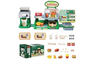 MAYCOLY Registratore di Cassa Giocattolo, Giocattolo Paninoteca per Bambini Con accessori e Suono, Hamburger con sistema di connessione, Cassa Set di Giocattoli per Bambini 3+ Anni Ragazzi e Ragazze