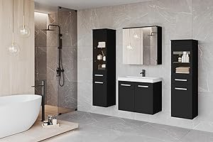MINIO go for it - Set di mobili da bagno da 4 pezzi Marit 2, pensile medio e grande con illuminazione a LED, mobile a specchio da parete, mobile con lavabo - Nero Grafite