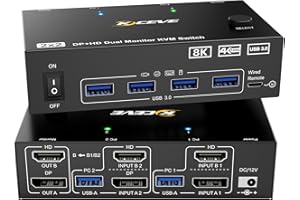 KCEVE KVM Switch 2 Monitore 2 PC 8K, Displayport + HDMI USB 3.0 KVM Umschalter für zwei Monitore, Unterstützt 8K@60Hz, 4K@120Hz für 2 Computer, die Tastatur, Maus und Monitor teilen