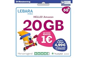 LEBARA Handytarif Hello! Amazon | 20 GB Datenvolumen | 4,99€ mtl. | 5G mit bis zu 50 Mbit/s | Allnet-Flat Telefonie & SMS Deutschland inkl. EU-Roaming | 50 Auslandsminuten