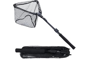 KASTWAVE Fishing Net Folding Landing Net, Collapsible Telescopic Aluminum Pole Handle, Durable Nylon Mesh with Coating, Safe Fish Catching or Releasing, Portable Fishing Accessory