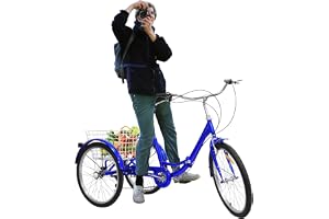 Trehjuling för vuxna 24 tum 7-växlad trehjuling cykel med inköpskorg och ryggstöd, seniorer trehjuling vuxna vikbar cykel 3-hjul cargo cruise trike vikbar tricycle för shopping utomhus picknick