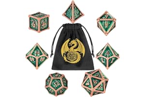 DND DADO Metal Dice Set, Dragon Pattern, 7pcs Polyhedral Metal DND Dice Set, DND Starter Set, D&D Gifts with Gift Bag, Role Playing Board Games Accessories, Green
