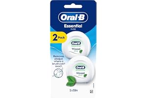 Oral-B Essential Floss – Tar bort plack – vaxad tandtråd för trånga utrymmen – strimlad – mint – 2 x 50 m rulle