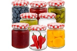 Offer Shop Round Glass Jam Jars with Red Gingham Lids & Adhesive Labels | 190ml / 7oz Glass Jars with Air Tight Twist Lids Reusable Canning Storage Jar for Preserves, Jelly and Herbs - 8 Set
