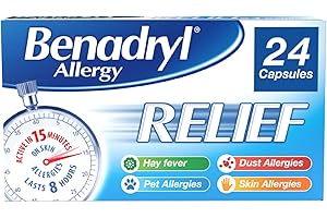 Benadryl Allergy Relief Capsules (1 x 24), Antihistamine Capsules with Acrivastine, Hayfever Tablets for Relief, Suitable for Pet, Dust, and Skin Allergies