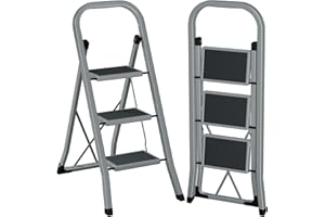 ‎AMHANCIBLE AMHANCIBLE Trittleiter, Leiter mit 3 Stufen, bis 150 kg belastbar, Klapptritt mit breitem Anti-Rutsch-Pedal und Klappsicherung, Einfach zu Verstauen, Perfekt für Küche & Haushalt, Taubengrau EBSL03GY