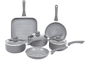 Gr8 Home Induction Aluminium 9 Piece Non Stick Grey Marble Effect Frying Saucepan Grill Pan Pot Set Kitchen Cookware Kit (Improved Design All Pans Induction)