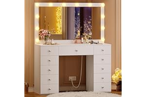 Schminktisch mit LED Beleuchtung,105x53cm XXL Spiegel-Kosmetiktisch mit Ladestation,9 Schubladen,Großer Ablagefläche Moderner Schreibtisch mit Beleuchtung für das Schlafzimmer (Weiß - 11 Schubladen)