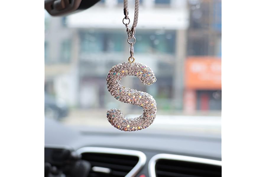 Bling Car Letter Charm, Car Rear View Mirror Ornament, Diamond Car Accessories, Rhinestone Auto Mirror Hanging Decor for Women, Rearview Mirror Accessories (White S)