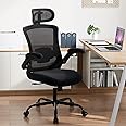 COLAMY Office Chair Mesh Computer Chair with Adjustable Headrest and Lumbar Support Ergonomic Desk Chair with Flip-up Armrest, 140° Rocking for Home Office Study, All Black