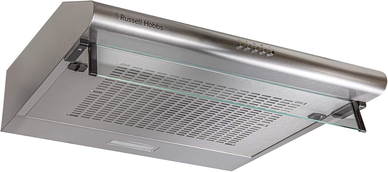 Russell Hobbs 60cm Wide Visor Cooker Hood in Stainless Steel, 3 Speed Settings, Washable Filters, LED Lights, Low Noise, Extraction and Recirculation, Premium Push Button Controls, RHVSRCH602SS -M