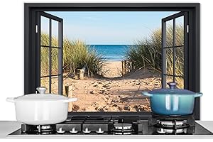 KitchenYeah© Antisalpicaduras Cocina 80x55 cm Protector Salpicaduras Pared Chapa Aluminio Kitchen Panel Vitrocerámica Accesorios Salpicadero Decoración Vista de Ventana - Playa - Mar - Agua