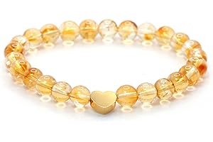 LAKADA Bracelet en citrine véritable pierre précieuse avec perles rondes de 6mm et cœur en acier inoxydable - différentes longueurs - bracelet en pierres précieuses porte-bonheur talisman cadeau