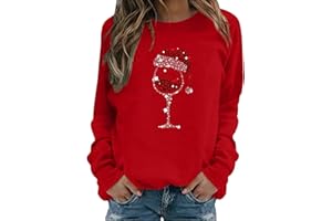 Nuoke Pull de Noel Femme,Pull Femme,Verre de vin décontracté et Confortable à Manches Sweats Longues et imprimé Tendance Femmes