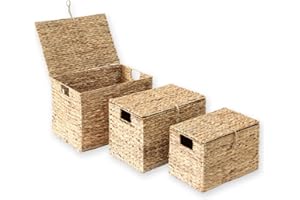 Casâme Lot de 3 coffres en Jacinthe d'eau avec couvercle - Panier Naturel de Rangement - Chambre, Salon - Accessoires Décorations et Rangements - Couleur Naturelle